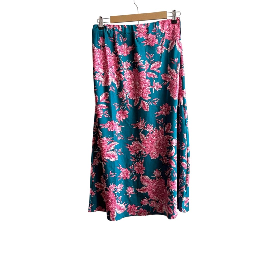 Anthropologie Abel The Label Size Large Satin Teal Pink Floral Midi Skirt Party